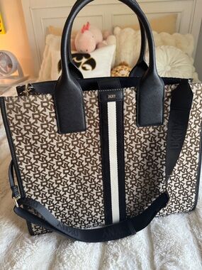 DKNY Brown Logo Tote with Black Trim and Cream Center Stripe